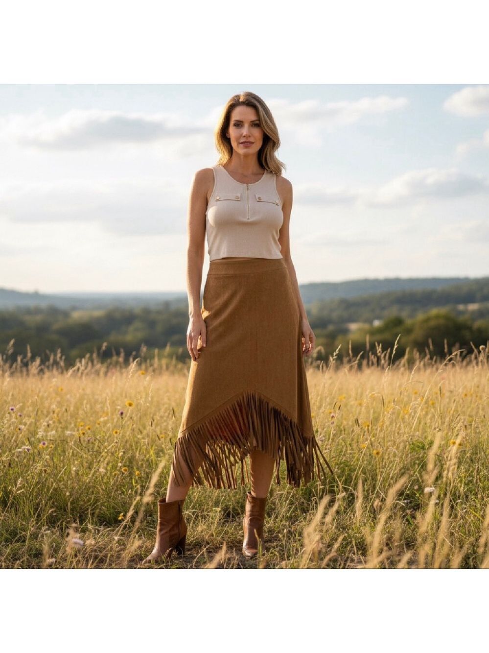 2 Pc. Outfit Brown Fringe Midi Skirt with Beige Tank Top, Size L